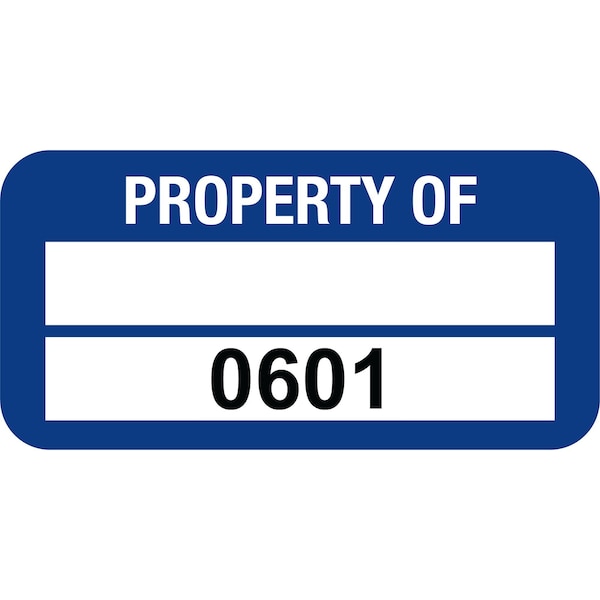 Lustre-Cal PROPERTY OF Label, Polyester Dark Blue 1.50in x 0.75in 1 Blank Pad & Serialized 0601-0700, 100PK 253772Pe2Bd0601 - main